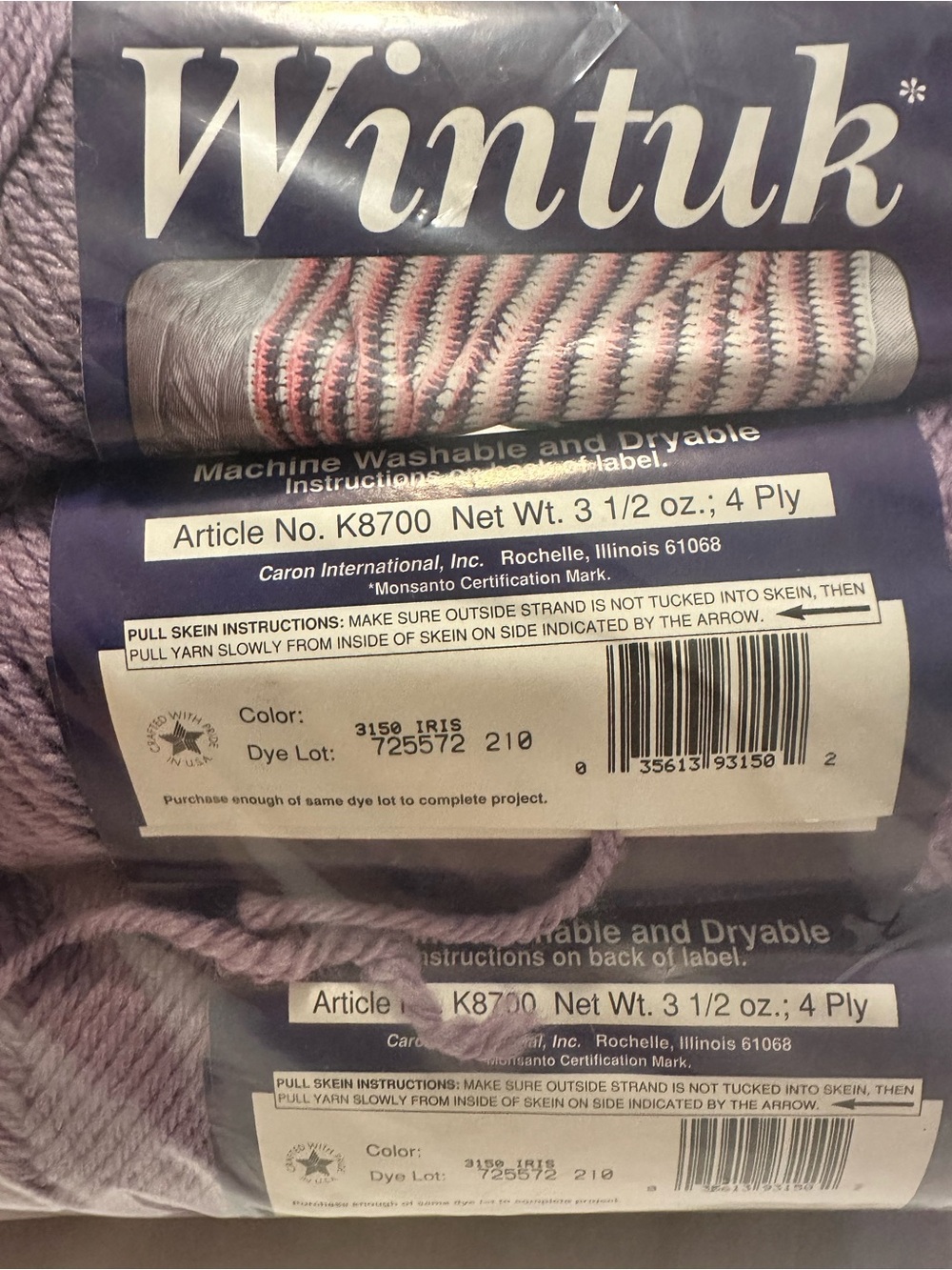 Caron Wintuk Yarn 3150 Iris Purple 4-Ply Worsted SAME DYE LOT - Lot Of 3 Vintage